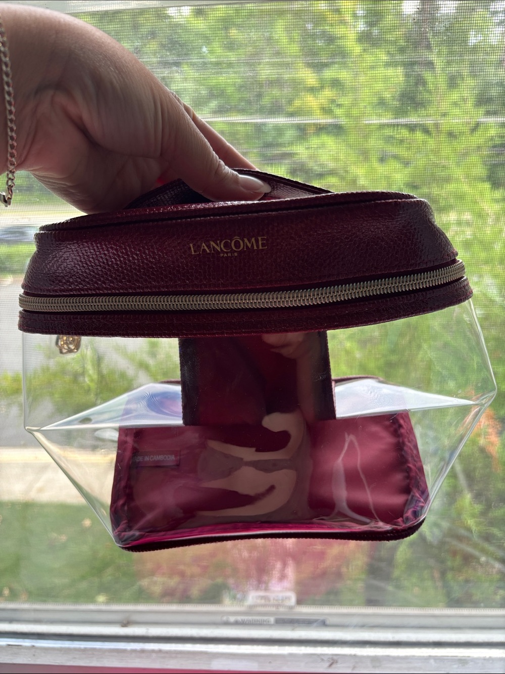 Lancôme Clear Cosmetic Bag with Burgundy Trim